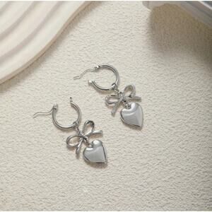 NEW - Pair of hoop bow earrings w/ dangling hearts and coquette bow, Silver